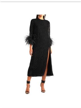 NWT! 16Arlington Black Velvet Feather Cuff Midi Dress